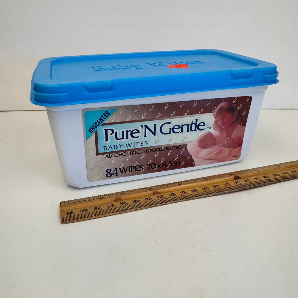 Vtg Plastic EMPTY Pure N Gentle Baby Wipe Container White Blue Movie TV Prop
